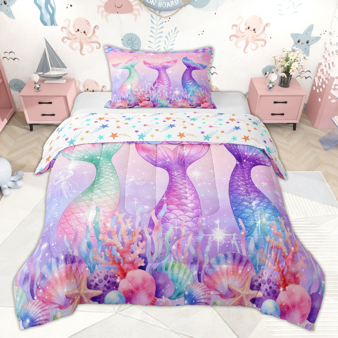 Erosebridal Cartoon Mermaid Kids Twin Comforter Sets, Ocean Princess Bedding Set, Stars Reversible, 2pcs