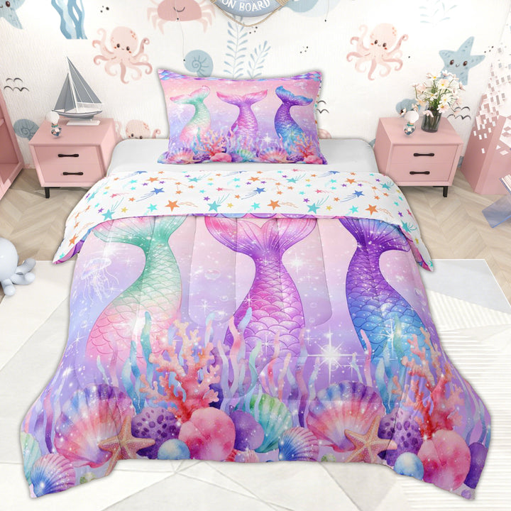 Erosebridal Cartoon Mermaid Kids Twin Comforter Sets, Ocean Princess Bedding Set, Stars Reversible, 2pcs