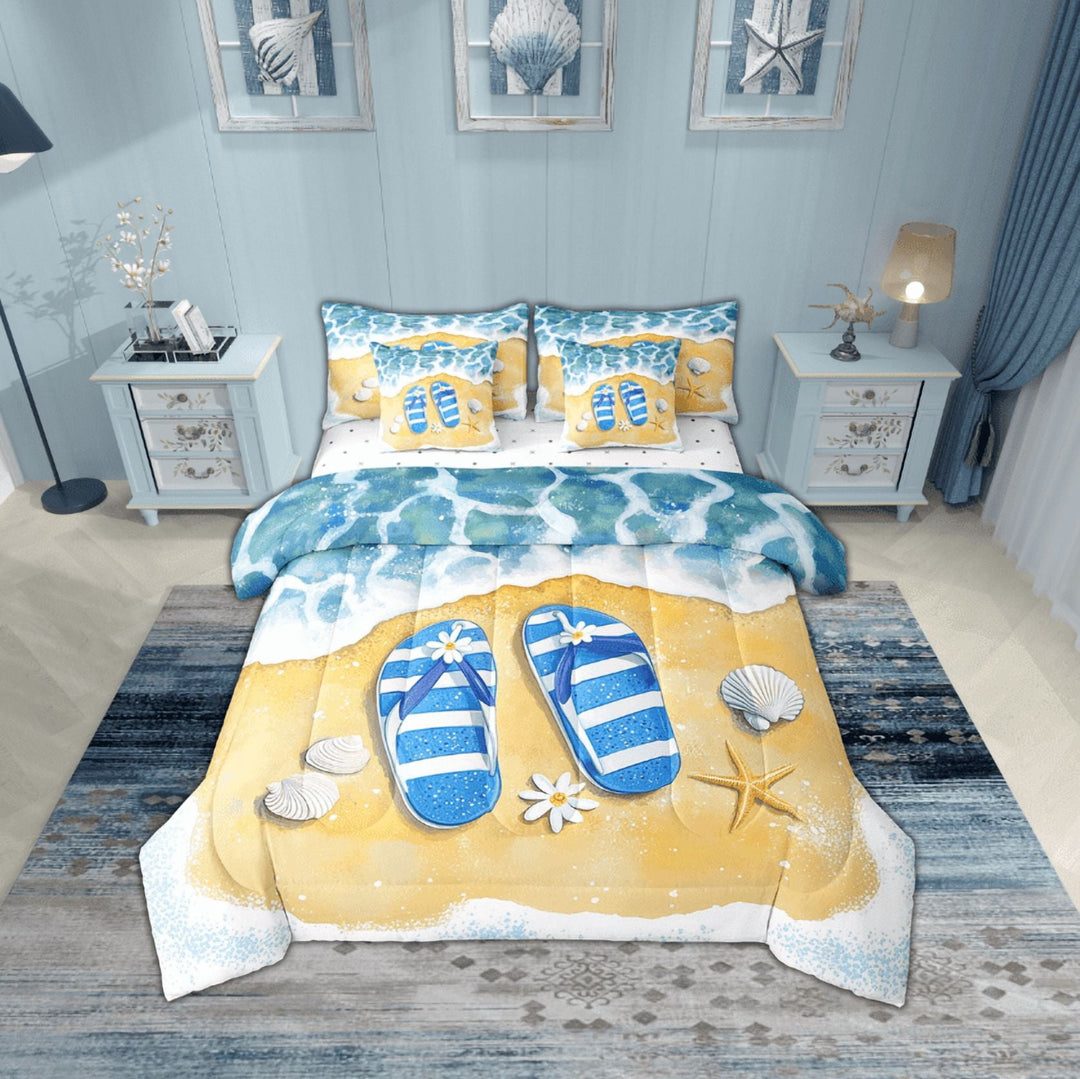 Erosebridal Flip Flops Bedding Sets Twin Size,Tropical Beach Comforter Sets with Sheets,Summer Holiday Decoration,Breathable,7pcs