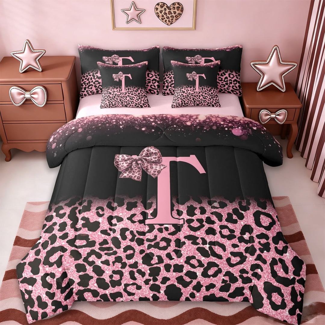 Erosebridal Initial Alphabet T 7-Piece Twin Bedding Sets,Wild Cheetah Print Kids Pink Bowknot Bedding Comforter Set For Leopard Lovers,Reversible pink