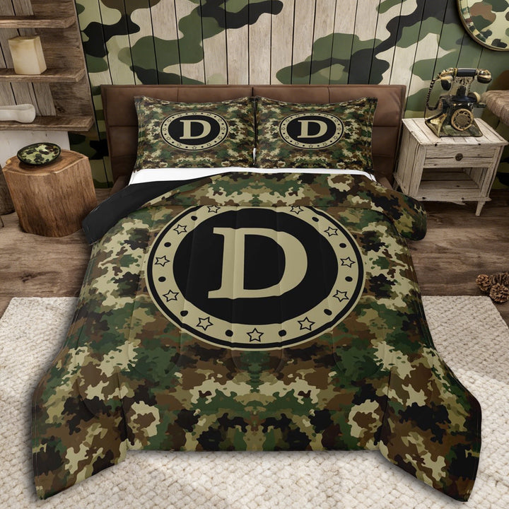 Erosebridal Kids Boys D Personalized Initial Queen Comforter Set 3pcs,Abstract Camouflage Bedding Comforter Set,Black Reversible