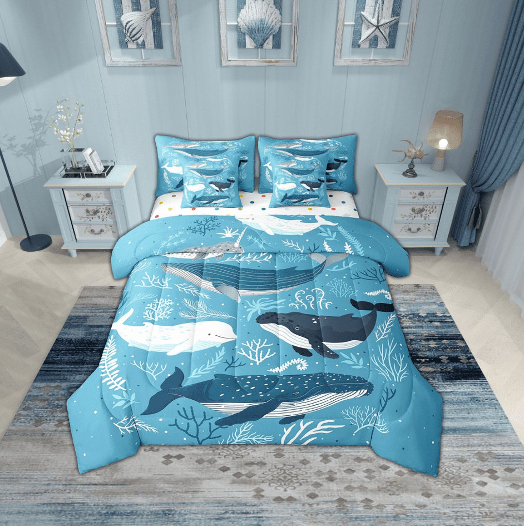 Erosebridal Cartoon Whale Bedding Sets Twin Size,Ocean Animal Comforter Sets with Sheets,Super Cozy Reversible Bed in a Bag Twin size,Marine Decor,7pcs