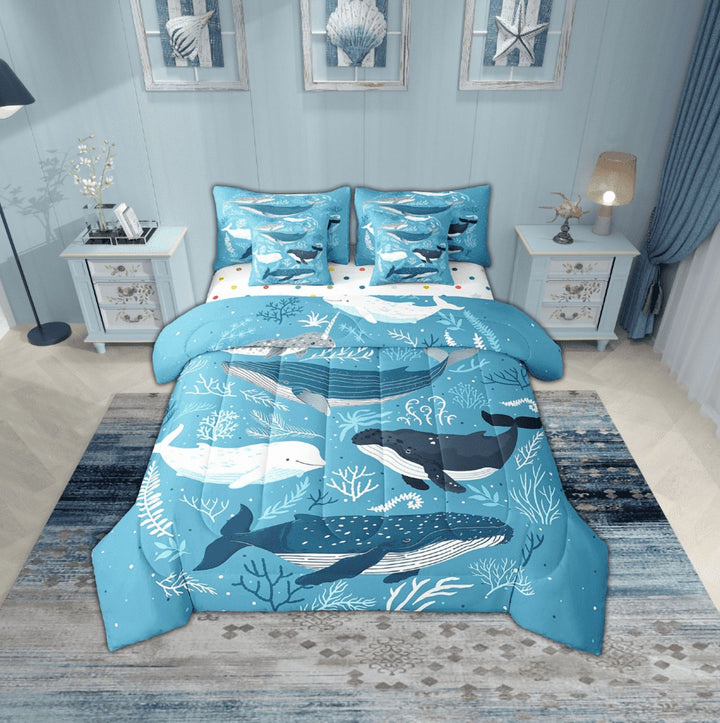 Erosebridal Cartoon Whale Bedding Sets Twin Size,Ocean Animal Comforter Sets with Sheets,Super Cozy Reversible Bed in a Bag Twin size,Marine Decor,7pcs