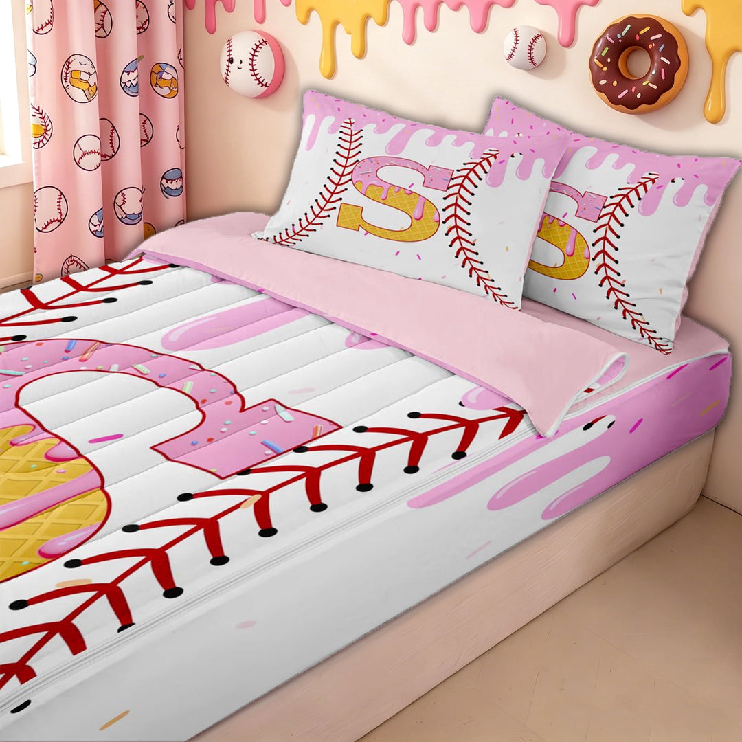meiyoeat Pink Yellow Baseball Letter S Zipper Twin Comforter Sets with Fitted Sheet and 2 Pillowcases for Kids, Cute Ice Cream Waffle Drip Zipper Bedding Set, Pink Reversible, 4 Pieces