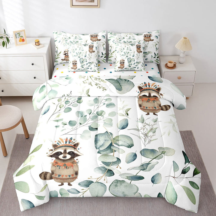 Cute Raccoon Bedding Comforter Sets 7pcs Green Eucalyptus Bed in a Bag, Woodland Animal Twin Bedding Sets Botanical Plant Leaves Comforter Set, Cartoon Wildlife Bedding Sets