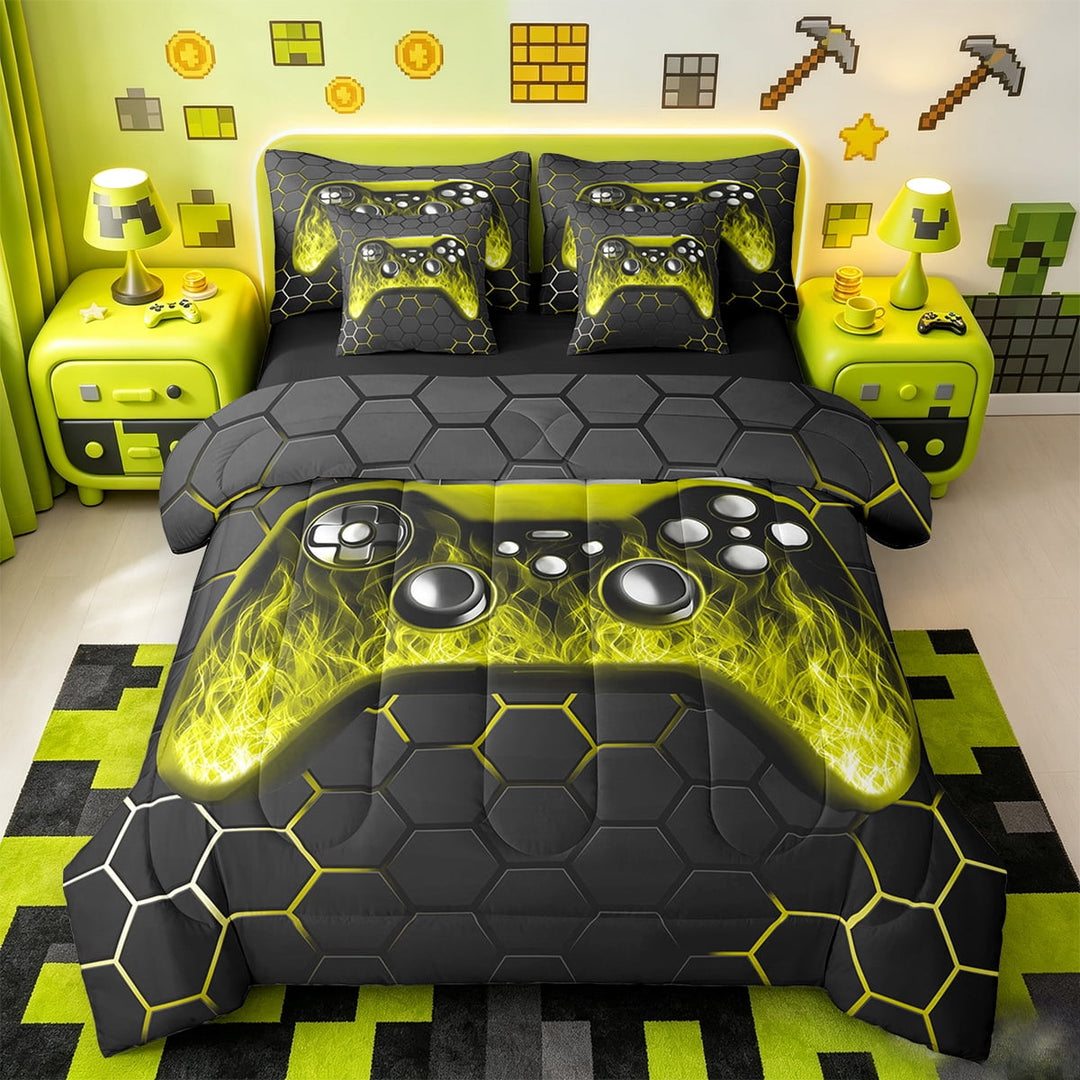 Manfei Graffiti Hippie Gamepad Bed in a Bag Twin Size,Yellow Black Ombre Bed Set,Gamer Gaming Bedding Twin Size For Boys Kids,Super Cozy Bedroom Decor Reversible,7 Pieces