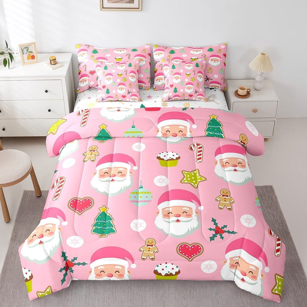 Christmas 7 Pieces Bedding Set Cartoon Santa Claus Sheet Set King Sizemerry Xmas Cartoon Style Comforter With 2 Pillow Cases Snowflake For Bedroom Decor Qulit Cover,Pink