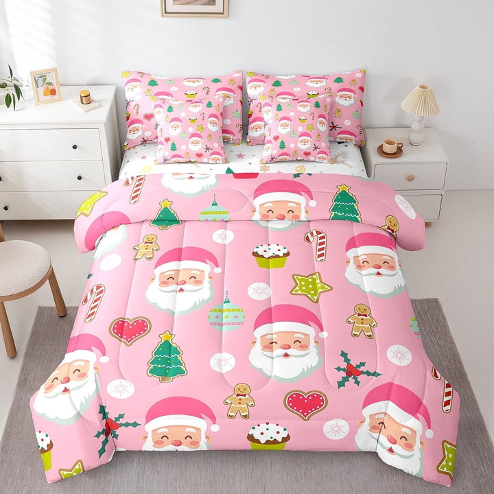 Christmas 7 Pieces Bedding Set Cartoon Santa Claus Sheet Set King Sizemerry Xmas Cartoon Style Comforter With 2 Pillow Cases Snowflake For Bedroom Decor Qulit Cover,Pink