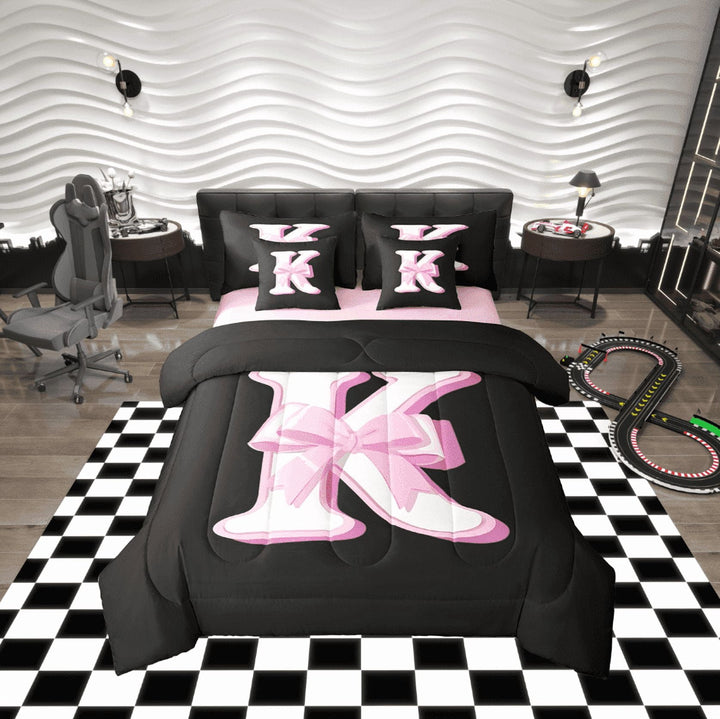 Erosebridal Monogrammed K Bedding Sets Twin Size, Initial Letter Comforter Sets with Sheets, Pink Bow Reversible Bed Set, Super Cozy Bedroom Decor, 7-Piece