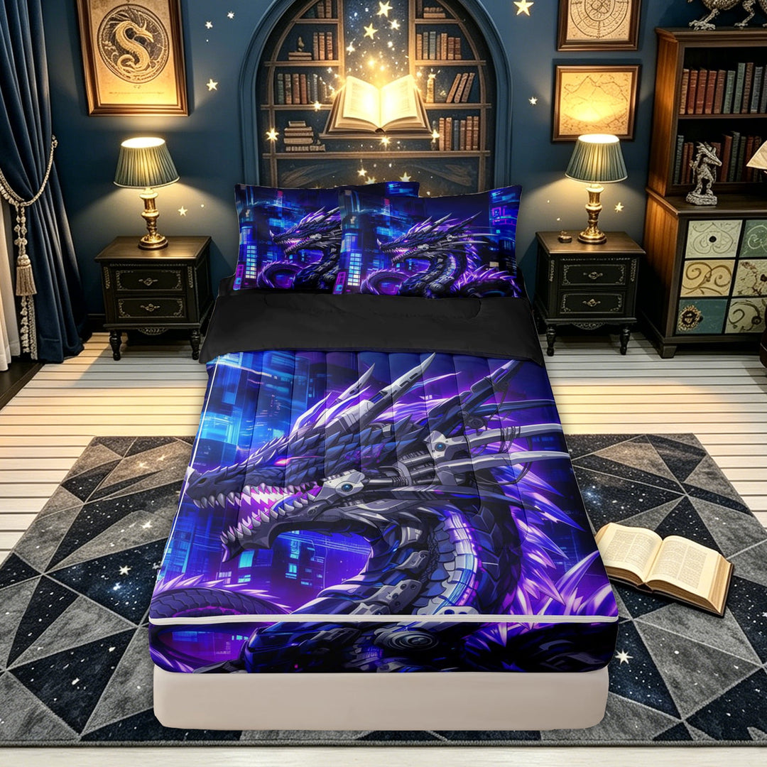 meiyoeat Purple Blue Dragon Zipper Comforter Set with Fitted Sheet and 2 Pillowcases for Boys, Modern City Animal Zipper Bedding Set, Purple Blue, Black Reversible, 3pcs