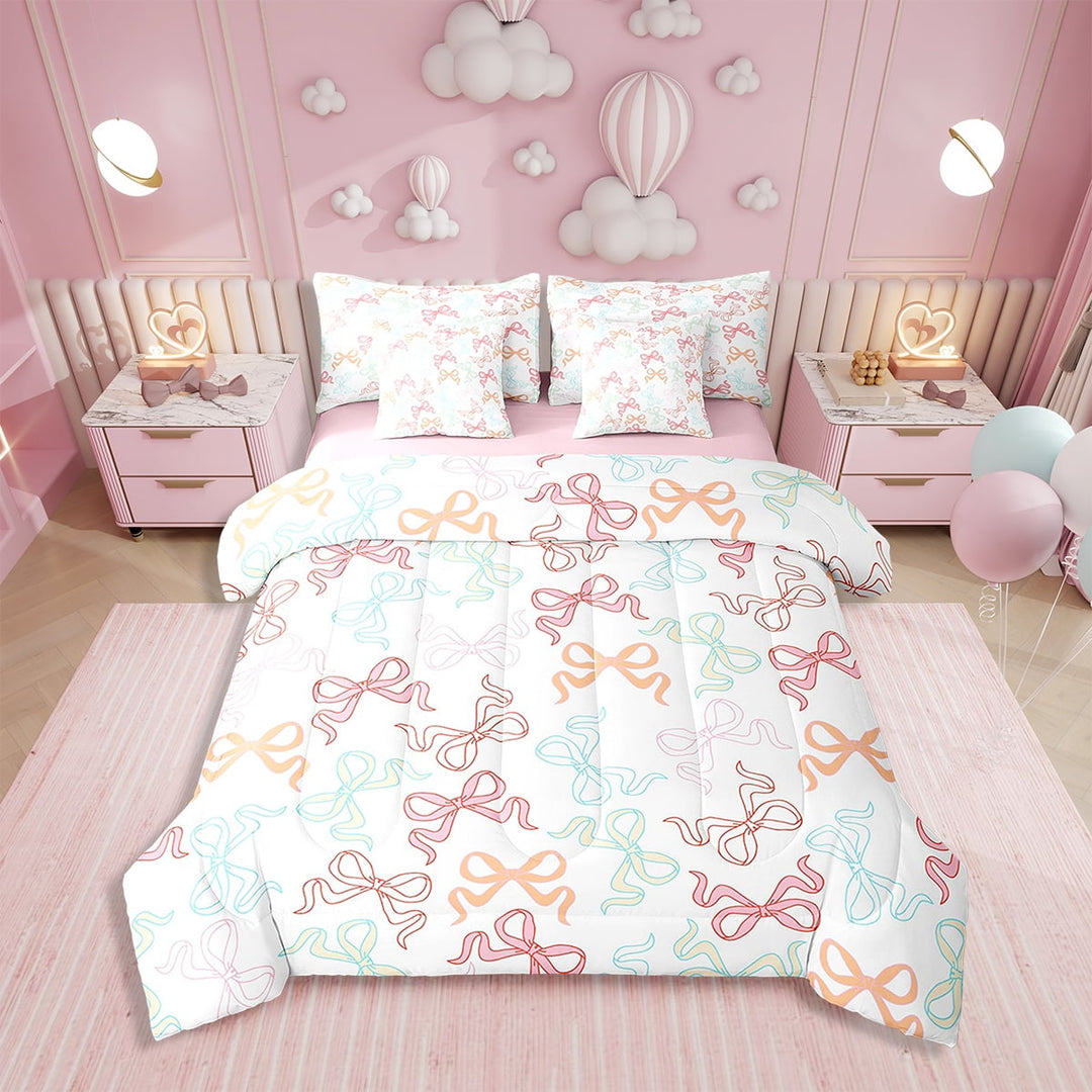 Erosebridal Pink Bowknot Bedding 7PCS Twin Size Comforter Sets Kawaii Bow Bedding Sets Princess Bed in a Bag,1 Comforter,1 Flat Sheet,1 Fitted Sheet,2 Pillowcases,2 Throw Pillow Covers