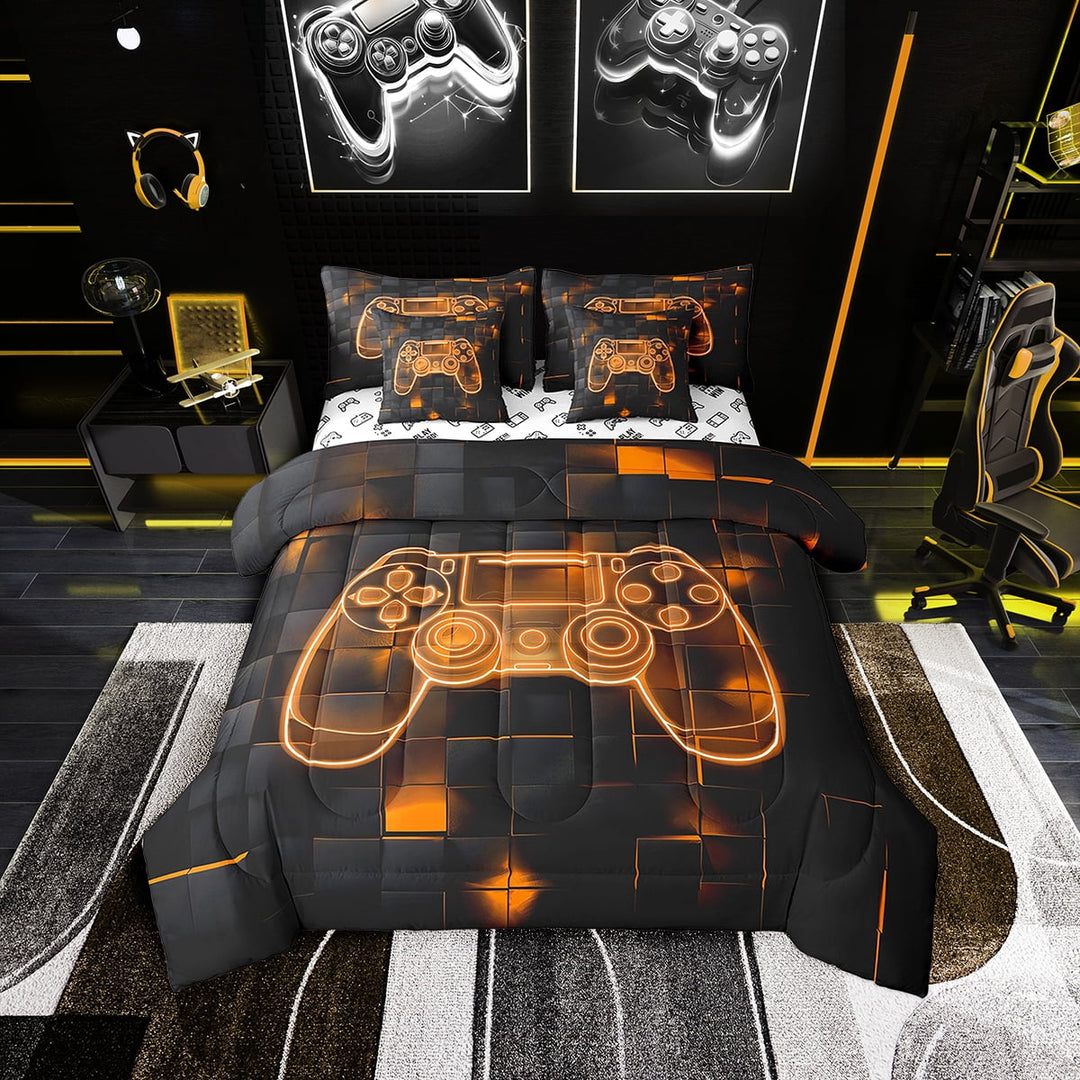 Gamer Comforter Set Twin Size,Gamepad Gaming Bedding Set Gamer Room Decor ,Geometric Video Game Bed In A Bag Neon Orange Black Square Grids 7 Piece Bed Set