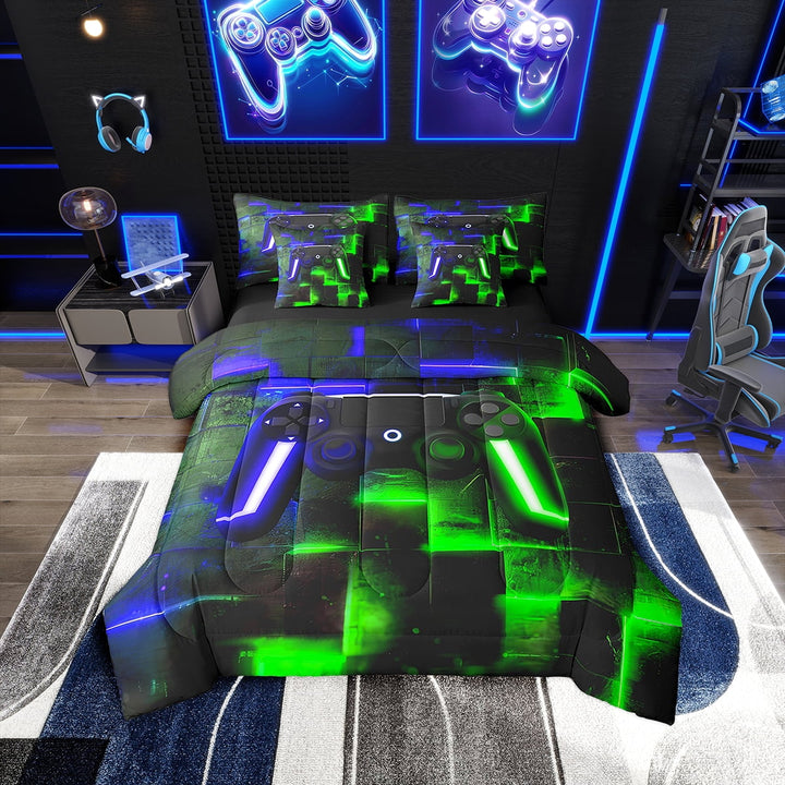 Gaming Twin Comforter Set 7 Pieces Abstract Gradient Checkered Bedding Comforter Sets, Video Game Gamepad Bed in a Bag Geometric Plaid Bedding Set, Black Navy Blue Green Bed Sheets Set