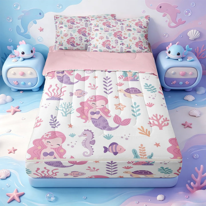 meiyoeat Cute Mermaid Print Zipper Twin Comforter Sets with Fitted Sheet and 2 Pillowcases For Girls,Pink Cartoon Ocean Creatures Zipper Bedding Set,Pink Reversible,4 Pieces