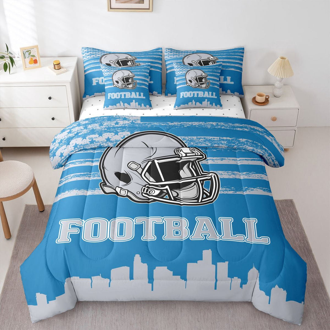 Erosebridal American Football City Bed in a Bag Queen Size,Detroit Bed Set,Gray Rugby Helmet Bedding Queen Size For Boys,Lightweight Room Decoration,7 Pieces