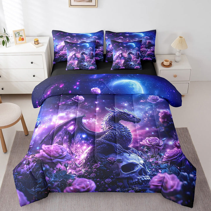 Dragon Comforter Set 7 Pieces Bed In A Bag Twin, Starry Sky Galaxy Comforter Loong Ancient Wildlife Sheet Set, Purple Floral Bedding Sets For Teens Women Bedroom, Reversible