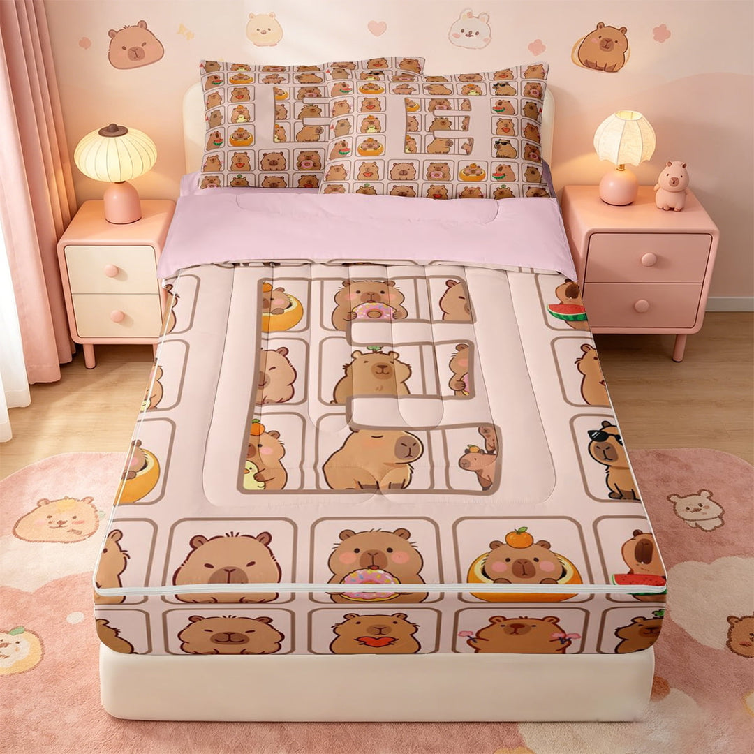 meiyoeat meiyoeat Cute Capybara Alphabet Zipper Full Size Comforter Sets with Fitted Sheet and 2 Pillowcases,First Letter E Zipper Bedding Set,Pink Reversible,4-Piece