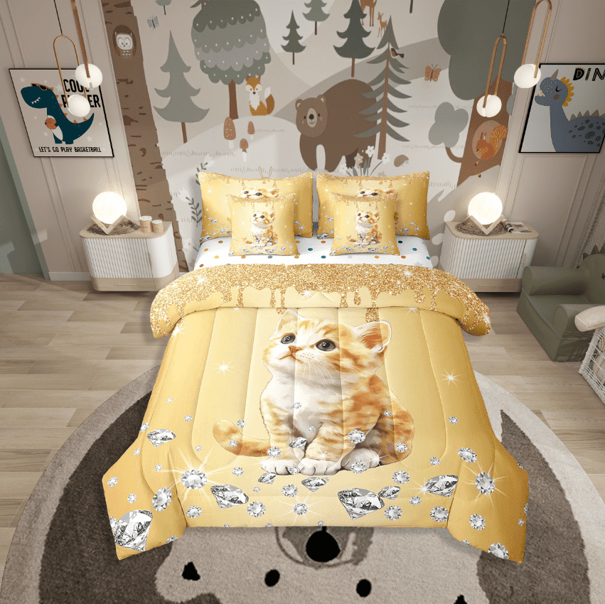Erosebridal Kawaii Cat Bedding Sets Twin Size,Bling Sequin Print Comforter Sets With Sheets,Crystal Room Decorative,Reversible,Breathable,7Pcs