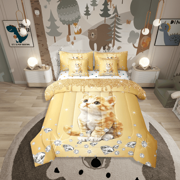 Erosebridal Kawaii Cat Bedding Sets Twin Size,Bling Sequin Print Comforter Sets With Sheets,Crystal Room Decorative,Reversible,Breathable,7Pcs