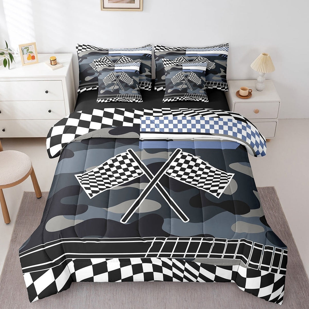 7Pcs Race Car Comforter Sets Full Size, Racing Flag Camo Sports Comforter Set Bed In A Bag(1 Comforter, 1 Flat Sheet 1 Fitted Sheet 2 Pillowcases And 2 Throw Pillow Covers) Blue