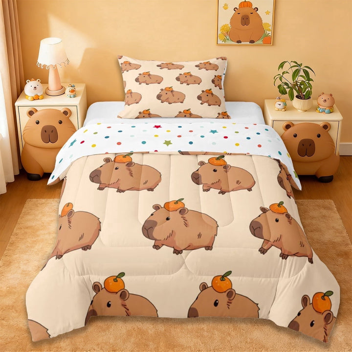 Erosebridal Kawaii Animals Capybara Twin Comforter Sets,Brown Animal Bedding Set For Kids Girls Reversible 2 Pieces