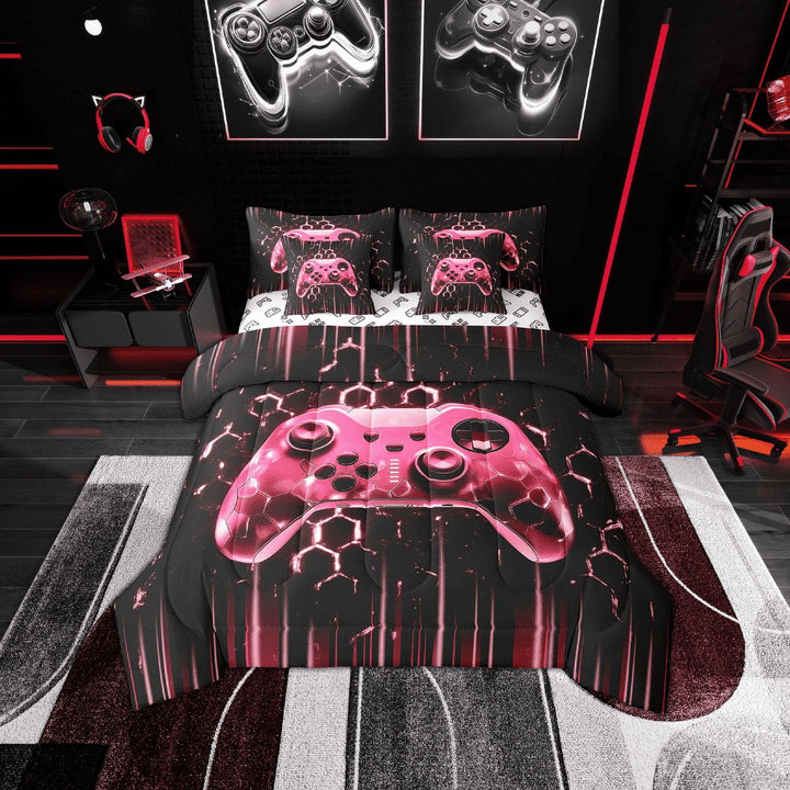 Erosebridal Gradient Pink Gampad Bedding Twin Size, Gamer Game Comforter Sets with Sheets for Teens Bedroom Decor, Reversible 7pcs