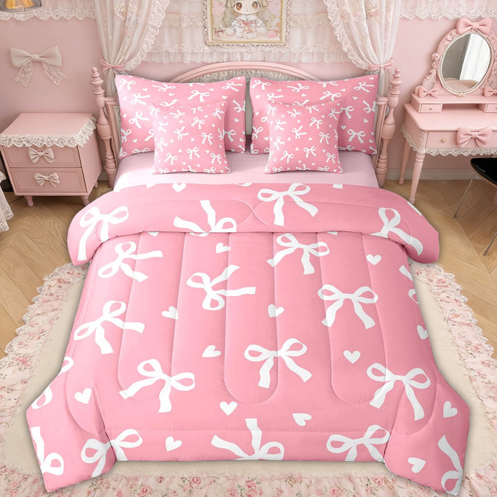 Erosebridal Princess Bow Ribbon Twin Bedding Sets for Girls, Cute Love Heart Bedding Comforter Set, Pink Reversible, 7-Piece