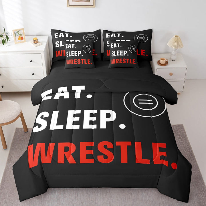 Wrestling Sports Kids Boys Reversible Comforter Set 7 Piece Queen Size,Eat Sleep Wrestle Theme Sport Bed Sheet Set Wrestle Rodeo Black Red Bedding Set with Comforter,Fitted &amp; Flat Sheet
