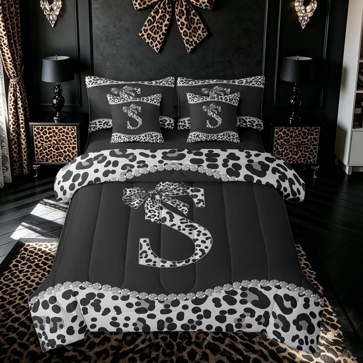 Meiyoeat Cheetah Print Bow S Letter Bedding Comforter Set for Women Girls, Bling Diamond King Bedding Sets, Black White, Black Reversible, 7pcs