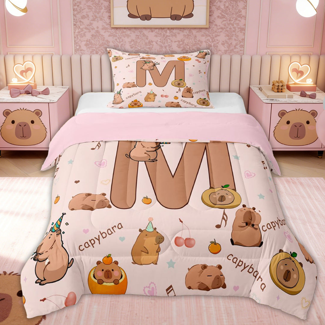 Erosebridal Kids Capybara Lover Twin Comforter Sets, Initial M Letter Bedding Set, 2 Pieces, Pink Reversible