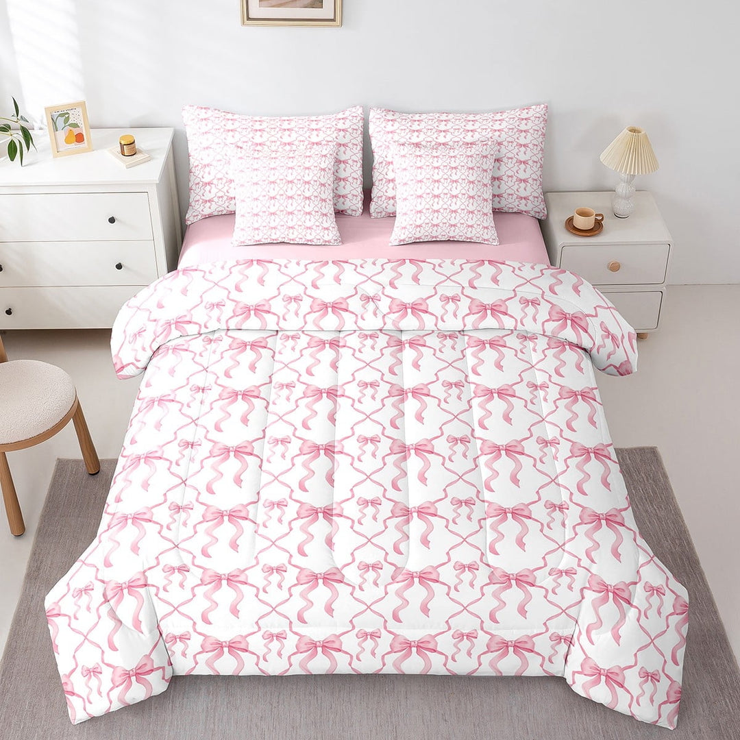 Pink Bow Twin Comforter Set 7 Piece Teen Women,Cute Ribbon Bowknot Bedding Sets Kawaii Watercolor Bow Tie Bed In A Bag,Pink White Princess Bow Sheet Set With Comforter