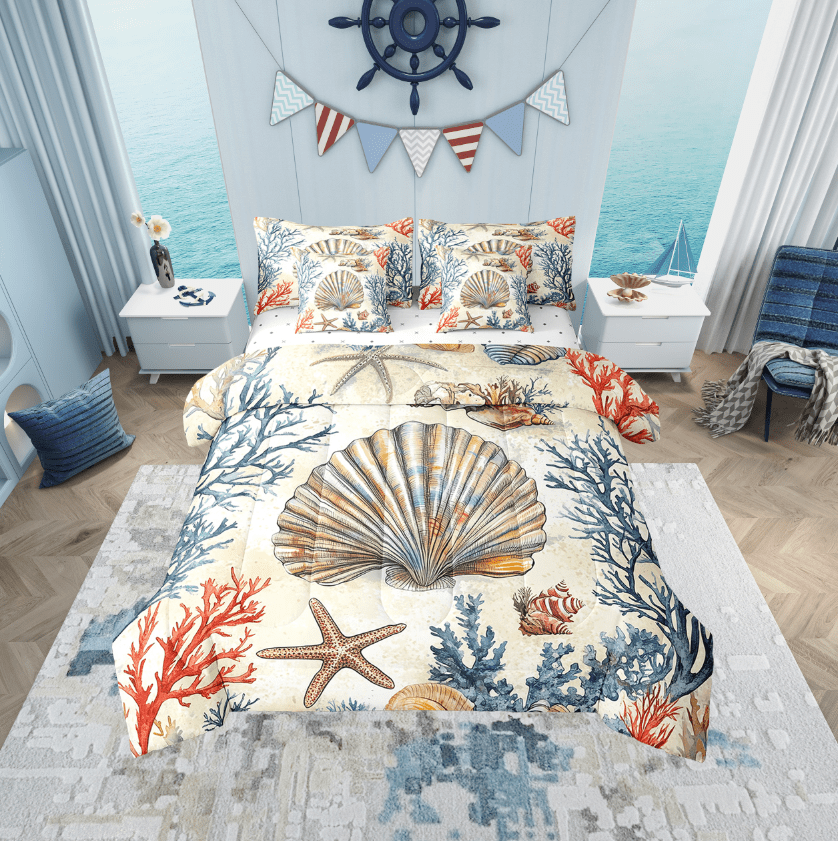 Erosebridal Vintage Seashell Bedding Twin Size, Ocean Starfish Bedding Sets Twin Size, Coral Bed Set, Breathable Bedroom Decorative, 7-Piece