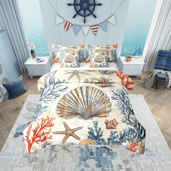 Erosebridal Vintage Seashell Bedding Twin Size, Ocean Starfish Bedding Sets Twin Size, Coral Bed Set, Breathable Bedroom Decorative, 7-Piece