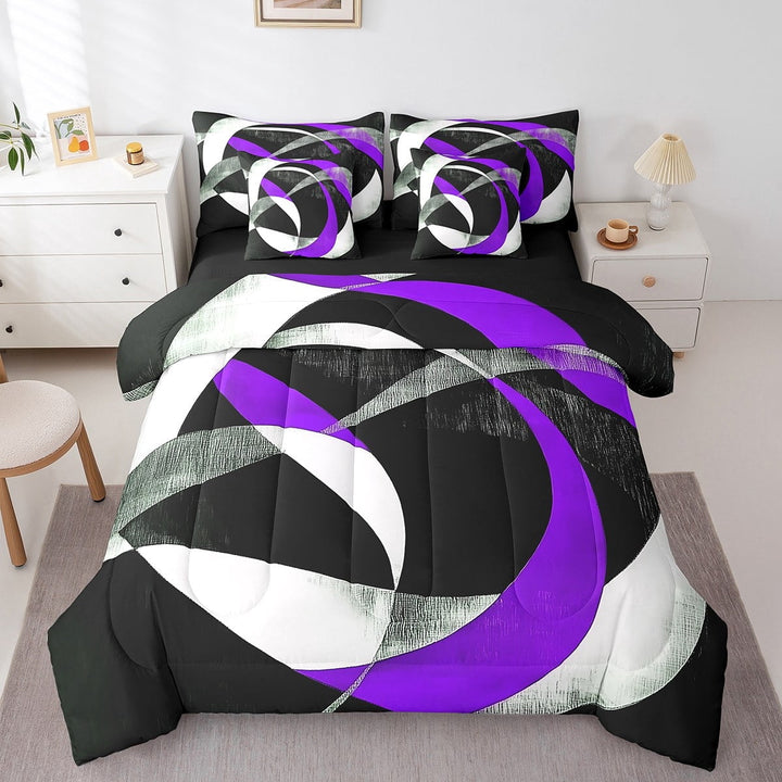 Erosebridal Geometric Round Bedding Sets Twin Size,Black Purple Comforter Sets with Sheets,Abstract Artwork Bed in a Bag Twin size,Lightweight Circle Room Decor,Reversible,7pcs