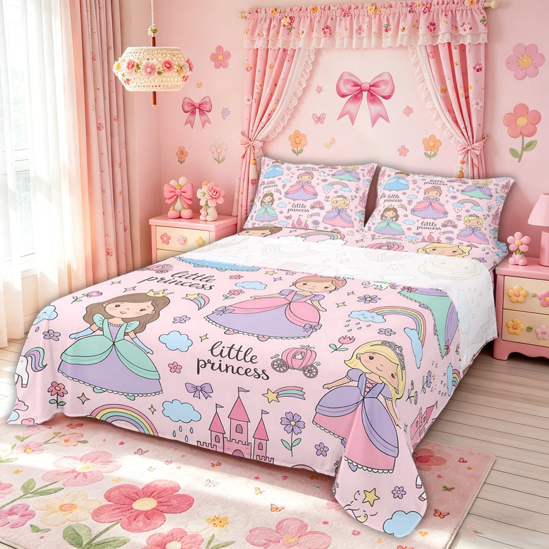 Meiyoeat Cute Princess Castle Rainbow Full Size Sheets for Kids Girls, Girly Pink Cartoon Bed Sheets, 4 Pieces
