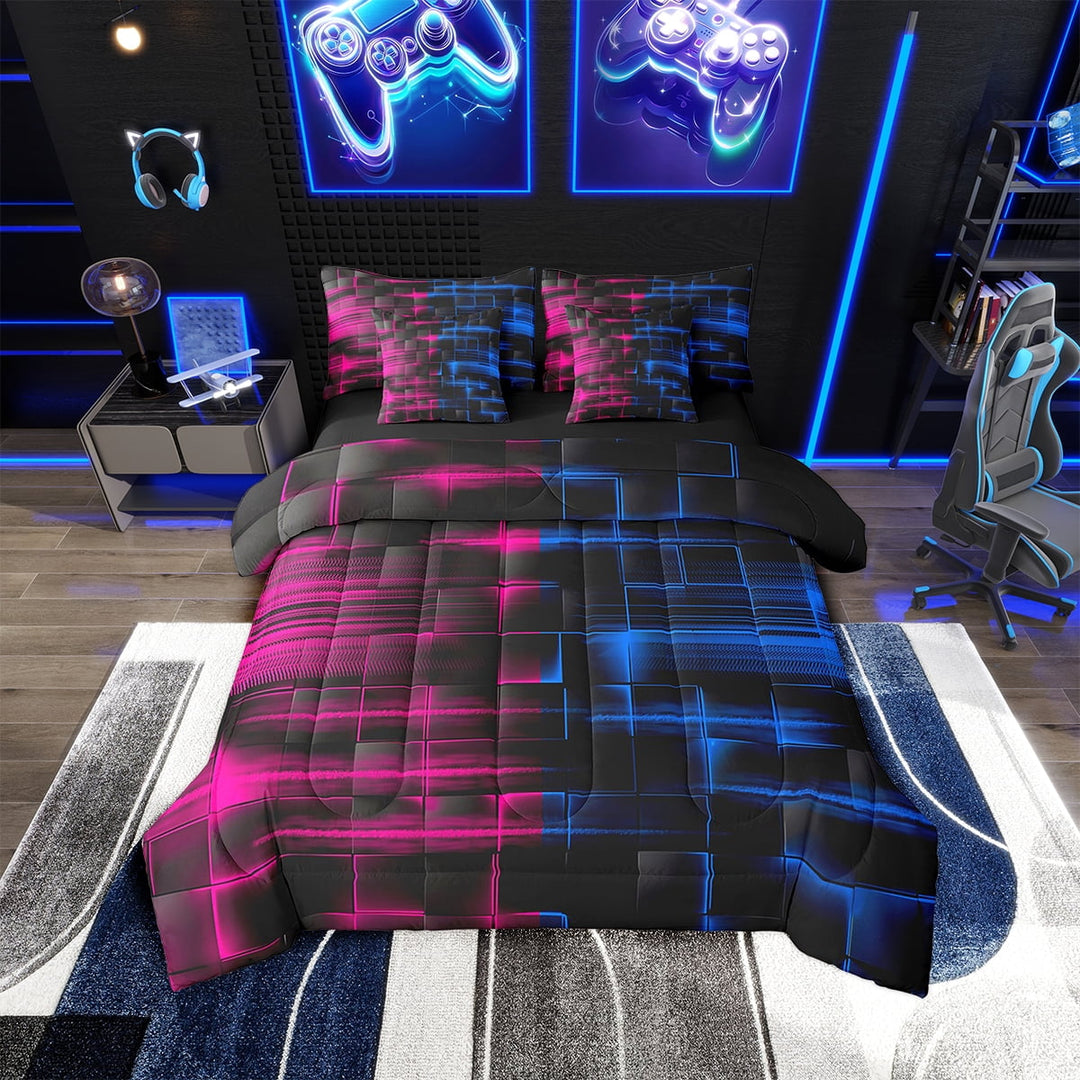 Erosebridal Blue and Rose Red Comforter Set With Sheets7 piece Twin Size Geometric Bed in a Bag Geometry Strip Lines Bedding Set Abstract Art Bed Set with Comforter,Sheets