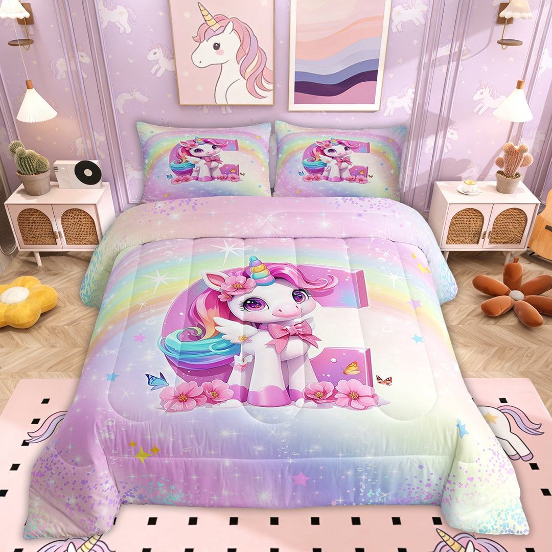 Erosebridal Pink Unicorn Bedding Sets Twin with Comforter, Initial C Letter Duvet Insert, Cartoon Animal Decor, Reversible