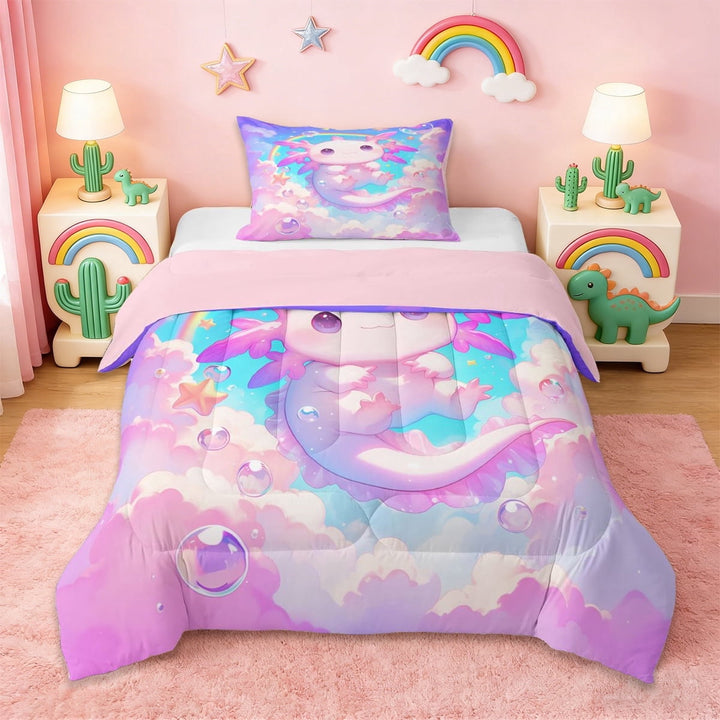 Erosebridal Cute Animals Axolotl Twin Comforter Sets,Kawaii Rainbow Stars Bedding Set For Girls Kids, Reversible 2 Pieces