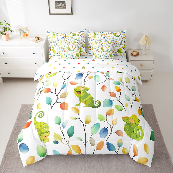 7Pcs Funny Lizard Bedding Comforter Sets for Kids Boys Girls Boho Floral Bed in a Bag, Colorful Leaves Twin Bedding Sets Abstract Watercolor Plant Comforter Set, Wild Animal Bedding Sets &amp; Collections