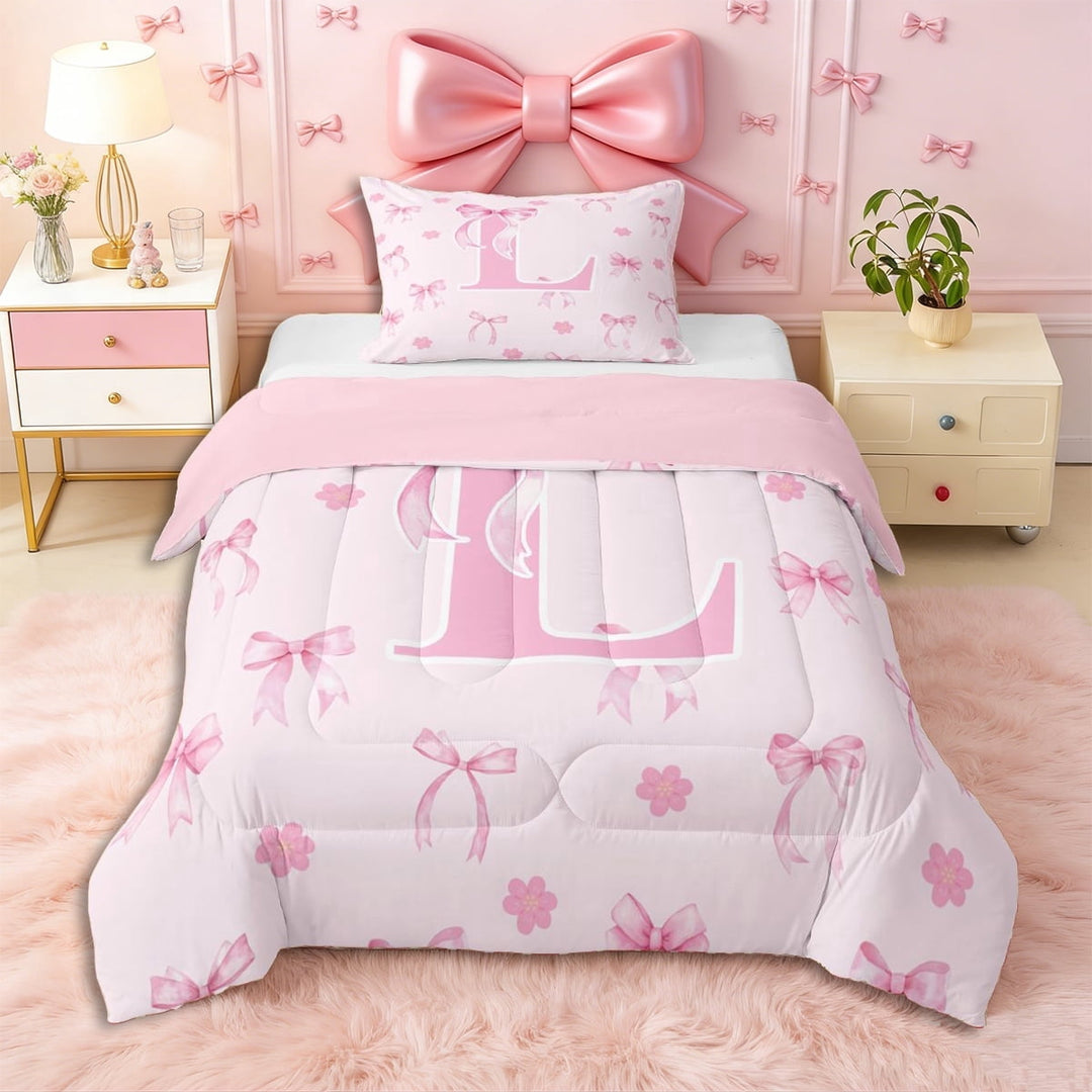 Erosebridal Letter Monogrammed L Pink Bow Twin Comforter Sets 3-Piece,Floral Cherry Blossoms Bedding Set,Pink Reversible,Luxury Bedroom Decor