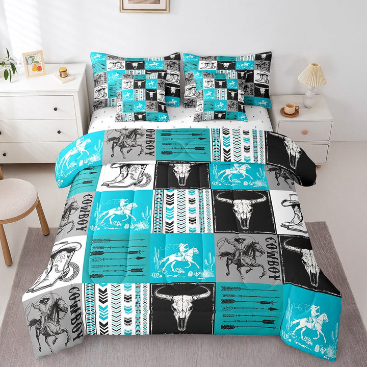 Western Cowboy Comforter Set 7 Pieces,Bull Skull Horses Arrow Print Bedding King,Blue Grey Lattice Patchwork Bed Set with 1 Comforter,1 Fitted Sheet,1 Flat Sheet,2 Pillowcases,2 Throw Pillow Cover