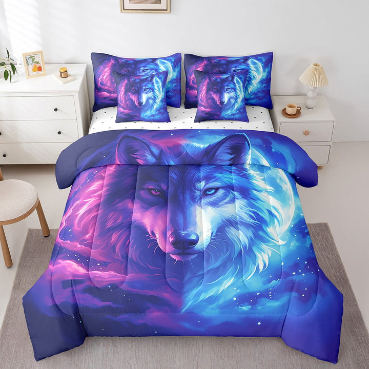 Gothic Wolf Comforter Set 7 Piece Bed in a Bag Twin Blue Purple Galaxy Bedding Sets,Goth Woodland Animals Sheet Set with Comforter Exotic Wildlife Bed Set,Boho Bedroom Decor