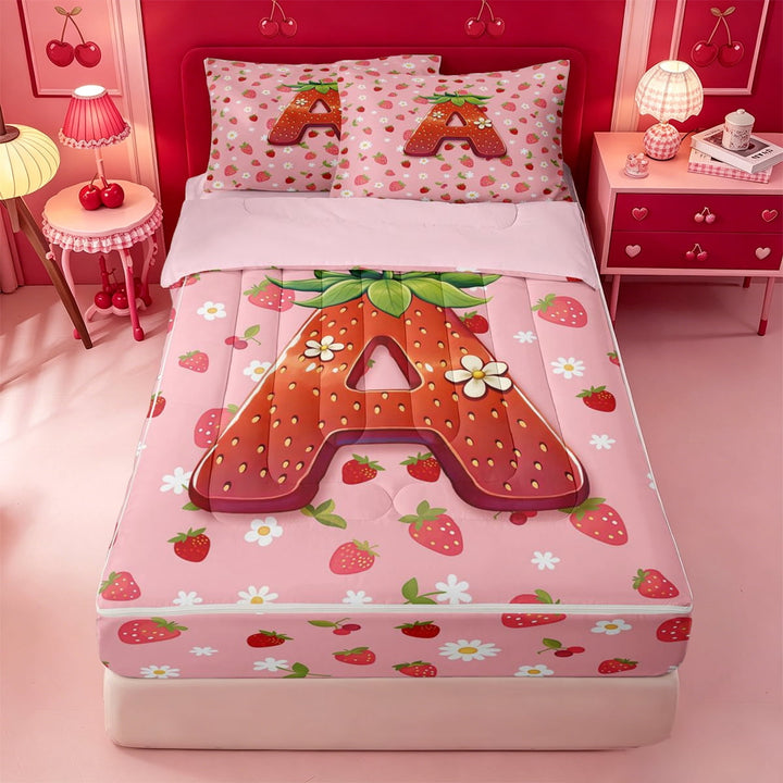 meiyoeat Strawberry Floral Monogram A Zipper Full Size Comforter Sets with Fitted Sheet and 2 Pillowcases,3D Cartoon Cute Fruit Zipper Bedding Set For Girl,Pink Reversible,4-Piece