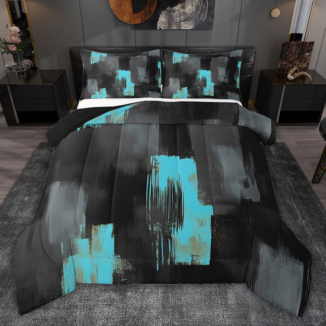 jejeloiu Vintage Geometric Design Queen Comforter Set,Black Cyan Graffiti Bedding Comforter Set For Adult Reversible 3 Pieces