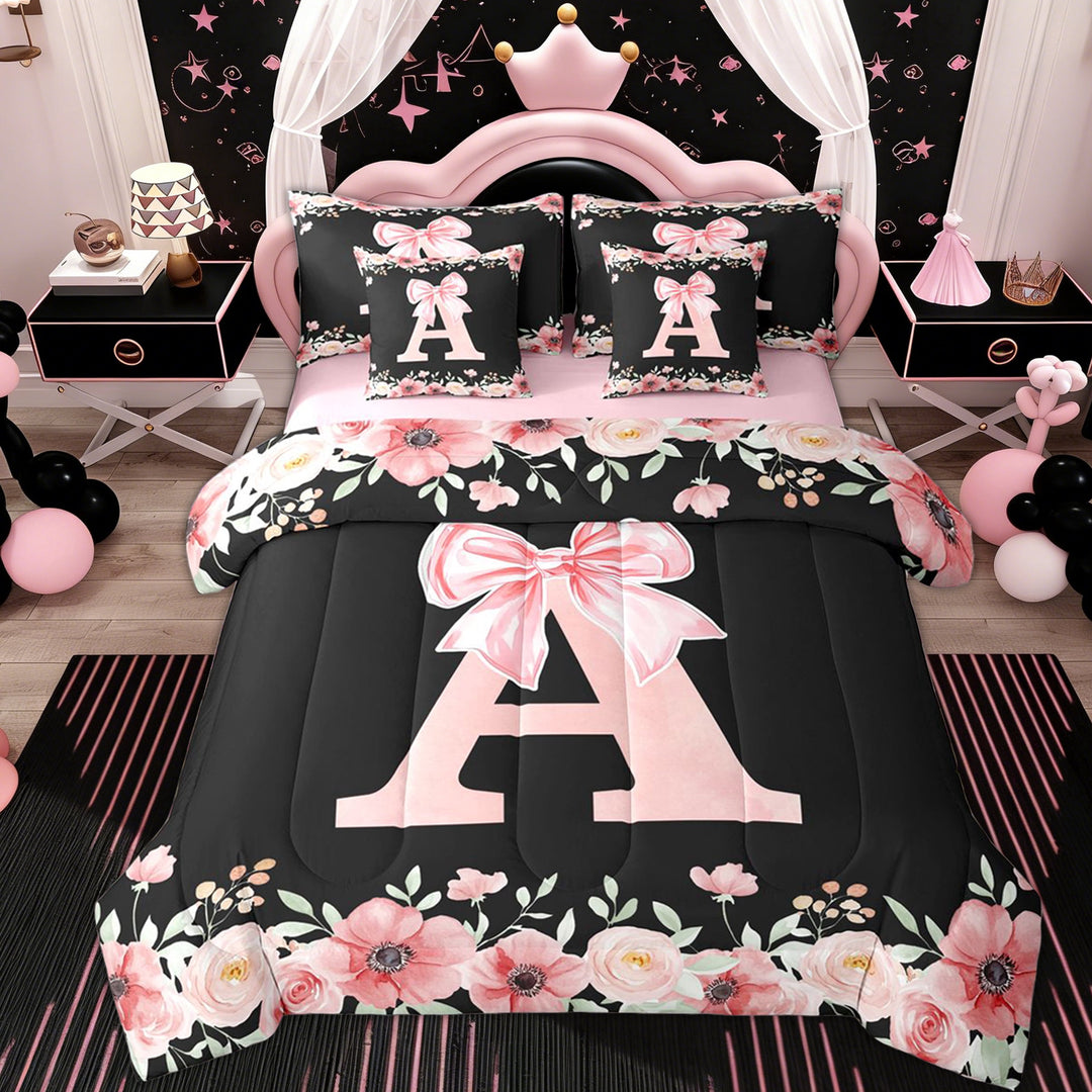 Erosebridal Letter A Twin Bedding Sets 7-Piece for Girl, Cherry Blossoms Bedding Comforter Set, Black Pink
