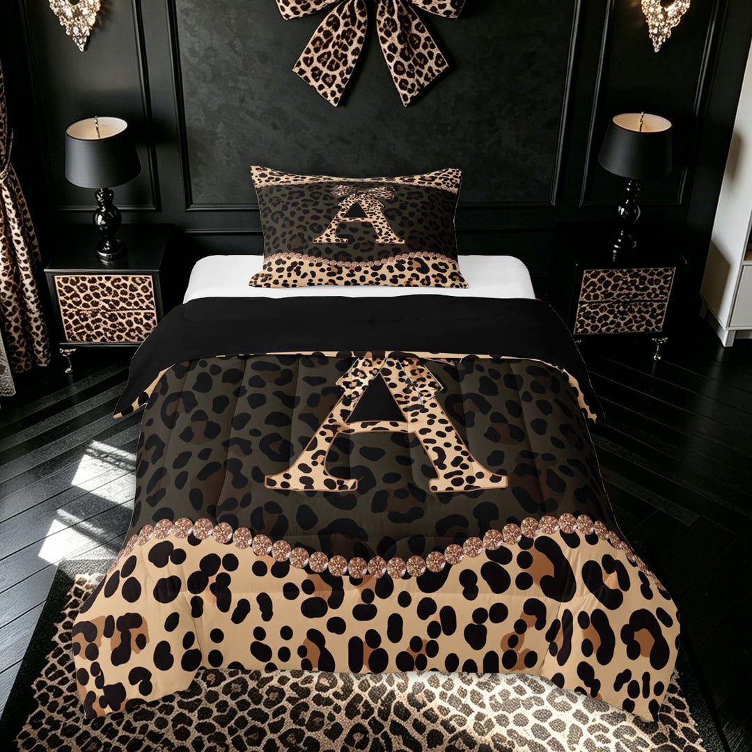 meiyoeat Leopard Print Letter A Full Size Comforter Sets for Girls, Bow Diamond Bedding Comforter Set, Brown Black, Black Reversible, 3-Piece, 1 Comforter and 2 Pillowcases