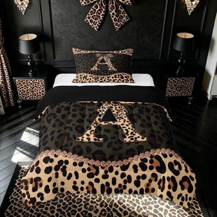 meiyoeat Leopard Print Letter A Full Size Comforter Sets for Girls, Bow Diamond Bedding Comforter Set, Brown Black, Black Reversible, 3-Piece, 1 Comforter and 2 Pillowcases
