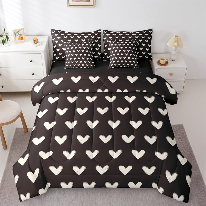 Black White 7 Pcs Comforter Set Full Bed in a Bag,Cute Heart Pattern Bedding Set Valentine Day Quilt Cartoon Love Geometric Duvet Insert Love Heart Flat Fitted Sheet