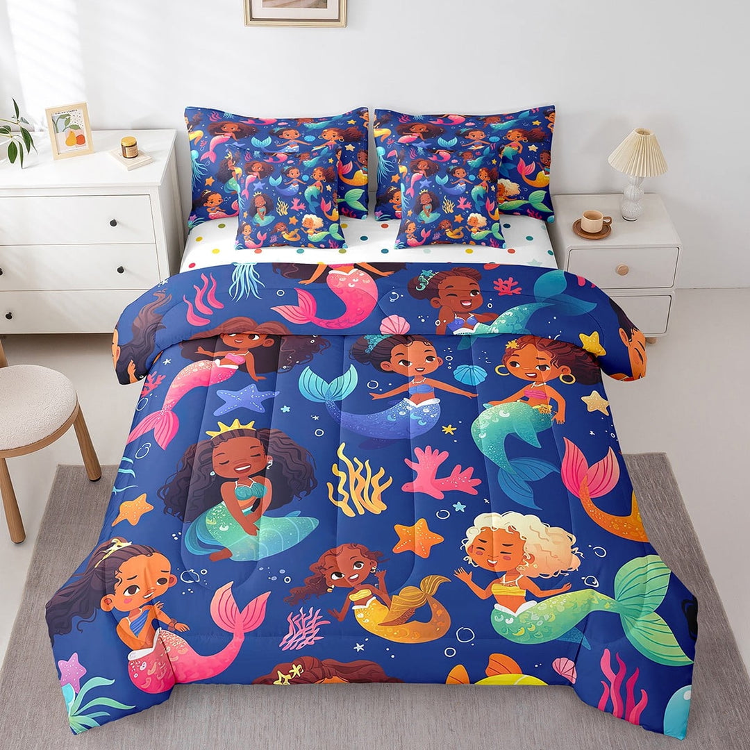 Mermaid Princess 7 Piece Comforter Set Full Bed in a Bag,Afro Hair Girl Bedding Sets Ocean Coral Starfish American Black Girls Sheet Set with Comforter