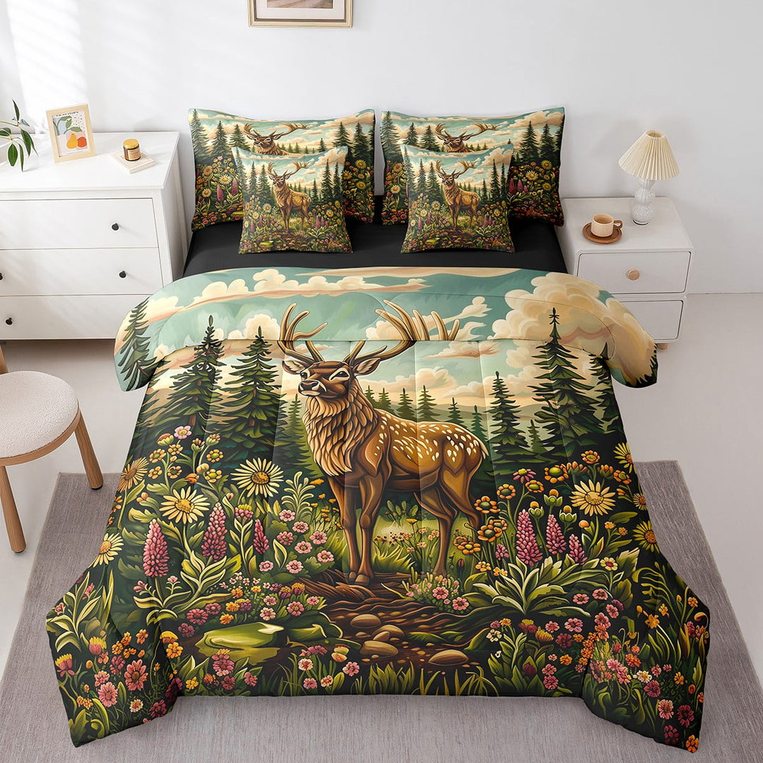 Erosebridal Deer Elk Moose Twin Size Comforter Set,Oil Painting Trees 7 Pieces Twin Bedding Set with Comforter, Sheets, Pillowcases &amp; Shams,Groovy Flower All Season Cabin Animal Bed in a Bag Twin